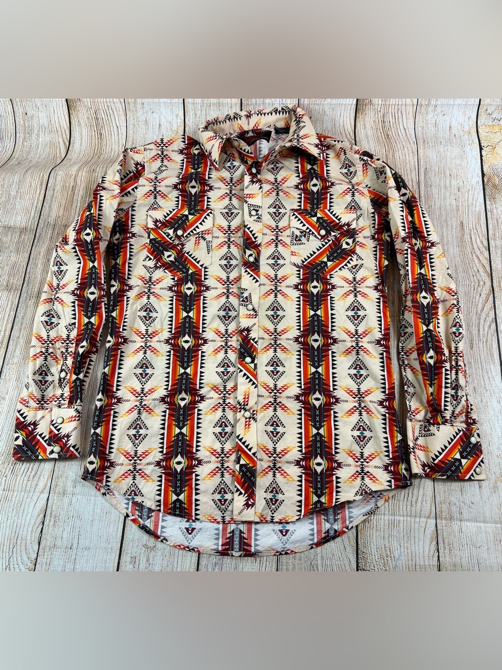 Mens Rock & Roll Denim Modern Fit Aztec Rust Print Longsleeve Snap Shirt Small